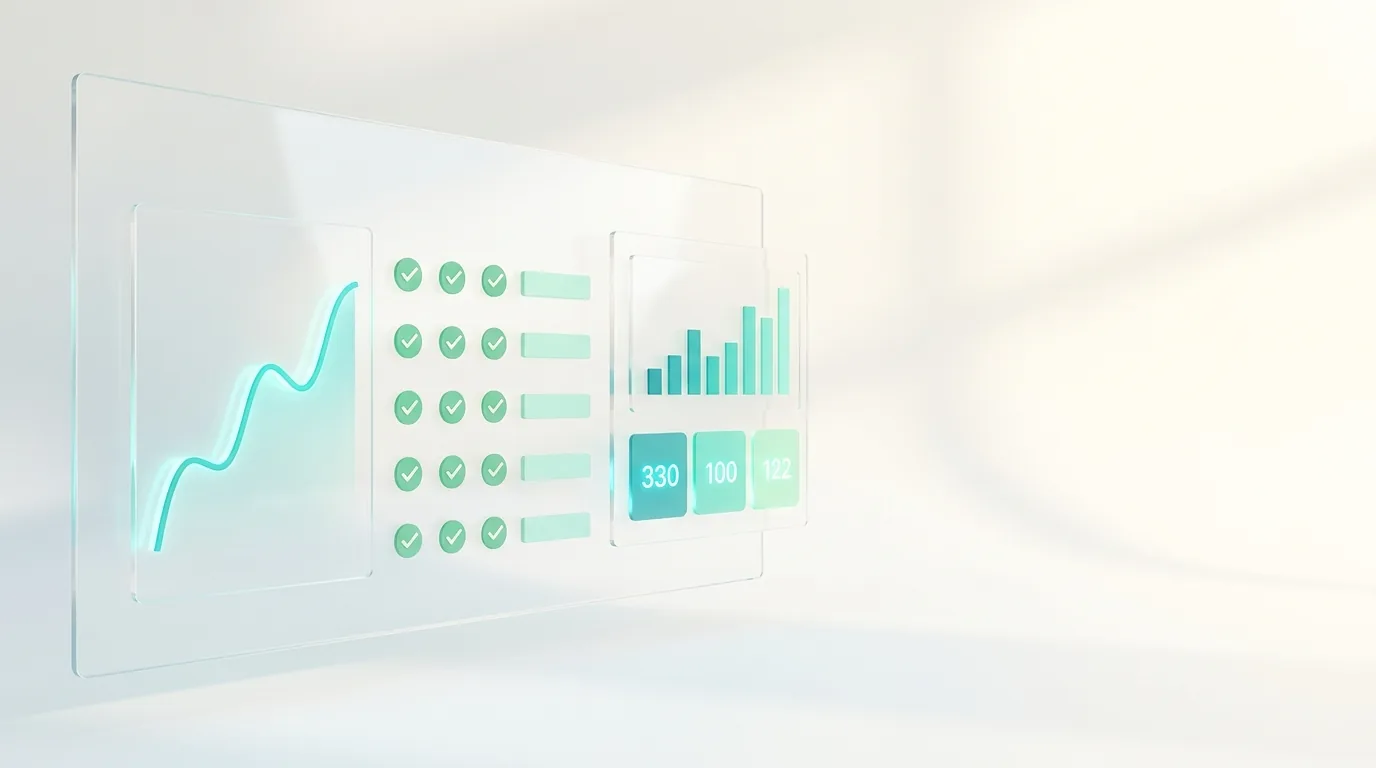 A transparent screen shows a data validation dashboard with charts and metrics.