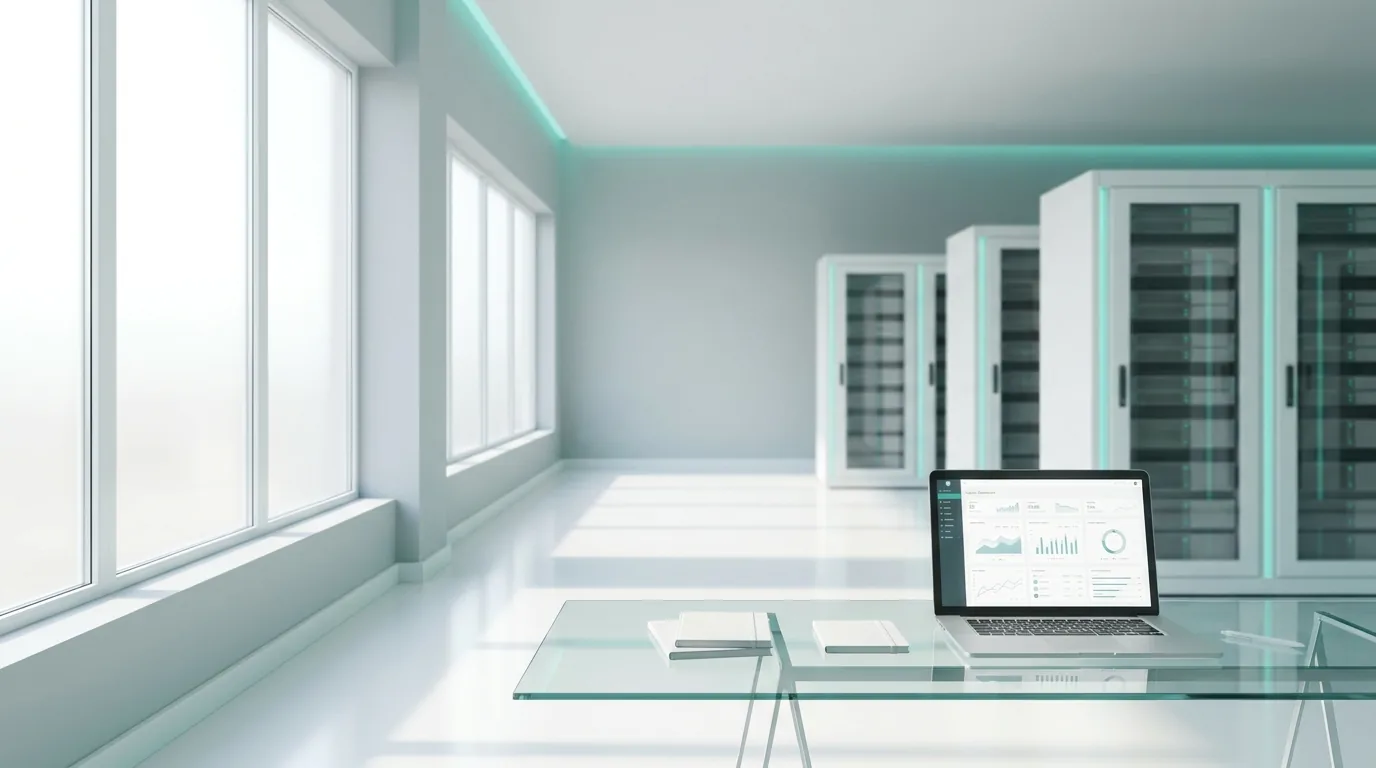 A server room with rows of servers and a laptop demonstrates CAQA Data’s commitment to secure data management.